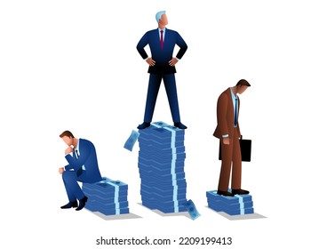 Businessman standing on higher stack of money than other businessmen, income gap between men, vector illustration