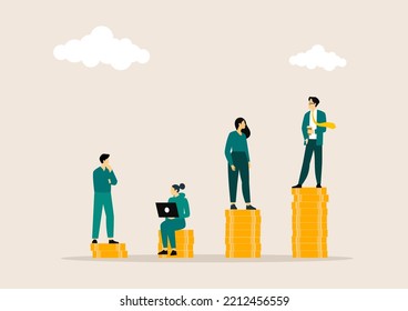 Businessman standing on highest coins stacking and shopper standing on lower coins pile for investment can make money and opportunity to richer. vector illustration concept.