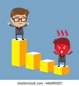 Businessman standing on highest graph bar stand, business concept