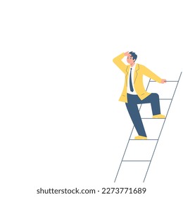 Businessman standing on hight stairs. Man presenting agenda. Person speaking loudly. Message. Main object on white background. Vector color illustration.