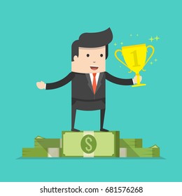 Businessman standing on huge pile of money and holding a prize. Business concept. Flat cartoon style. Vector illustration.