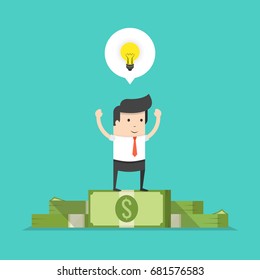 Businessman standing on huge pile of money and holding a prize. Business concept. Flat cartoon style. Vector illustration.