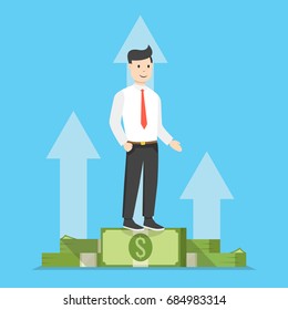 Businessman standing on huge pile of money. Business concept. Flat cartoon style. Vector illustration