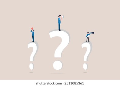 Businessman standing on huge question mark look through binoculars and megaphone to search for new business idea. concept of problem solution, opportunity and success