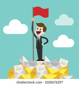 Businessman standing on a huge tower stack of messages or emails and handing red flag. Job is finished successfull