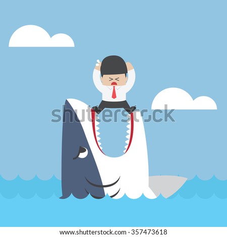 Businessman standing on Jaws of shark, VECTOR, EPS10