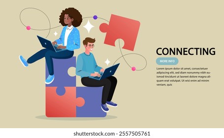 Businessman standing on jigsaw looking for missing piece. people using binocular finding another puzzle piece. Business opportunity and partnership concept. Searching for the team. vector illustration