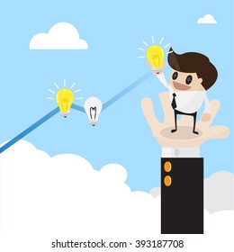 Businessman standing on ladder against blue sky