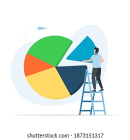 Businessman Standing On Ladder To Arrange Pie Chart. Showing A Market Share Percentage Using A Pie Chart. Vector Illustration