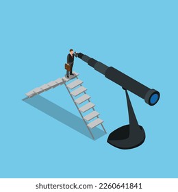 Businessman standing on ladder and looking forward up trough giant telescope 3d isometric vector illustration concept for banner, website, landing page, ads, flyer template