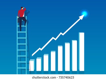 The businessman standing on the ladder to see the top of the arrow