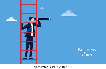 Businessman standing on ladder with telescope. Business vision vector illustration