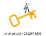 A businessman standing on a large key, looking ahead with a telescope, symbolizing opportunities and success.