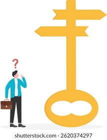 A businessman standing on a large key, looking ahead with a telescope, symbolizing opportunities and success.

