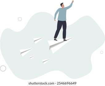 businessman standing on leading flying paper airplane origami pointing finger to the direction to reach goal.flat characters.
