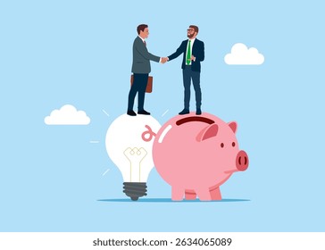 Businessman standing on light bulb idea lamp shaking hands entrepreneur with pink piggy bank. Investment profit growth, financial advisor. Make money to get rich or increase earning or income. Vector