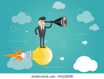 Businessman standing on light bulb and looking through a telescope