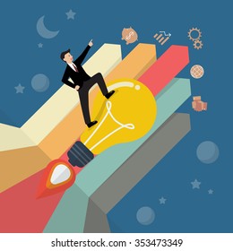 Businessman standing on a lightbulb rocket with arrow bar chart. Business concept
