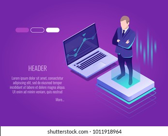 Businessman is standing on the luminous button.Isometric concept of IT technology,server management.Web header template.Vector isometric illustration on a purple gradient background