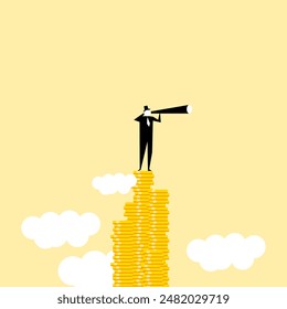 A businessman standing on a many coins, looks ahead in a telescope. Leader, winner and concept of success. At a height. In the sky. Vision, strategy vector illustration. EPS 10