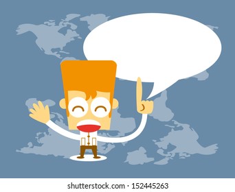 Businessman standing on the map with chat box,Vector cartoon business