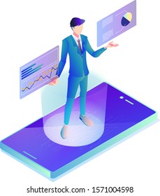 A businessman standing on a mobile phone. Online webinars, online meetings, online lectures.