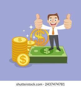 Businessman standing on money. business income success concept,
Flat, Poster, Vector, Illustration, Cartoon, EPS10.    