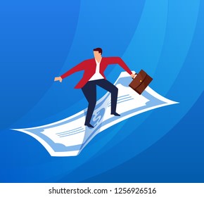Businessman standing on money surfing