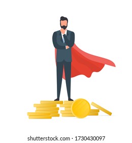 A businessman is standing on a mountain of coins. Business profitability concept. Businessman stands on a mountain of gold coins. Isolated. Vector.