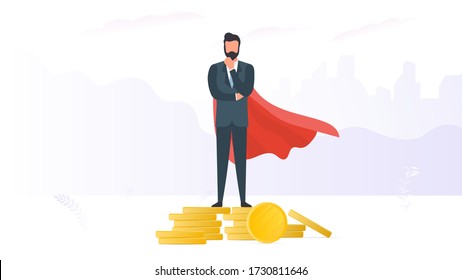 Un homme d'affaires debout sur une montagne de pièces de monnaie. Le concept de rentabilité des entreprises. Businessman se dresse sur une montagne de pièces d'or. Vecteur.