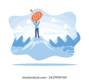 A businessman is standing on the mountain and holding a target board. Men strive to achieve success. Marketing concept. Flat vector illustration.