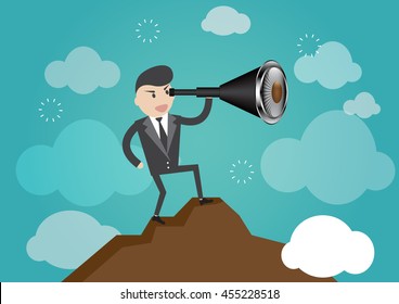 Businessman standing on mountain peak and looking through a telescope