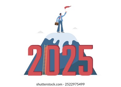 A businessman standing on a mountain, waving a flag with the year 2025 displayed prominently.