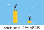 Businessman standing on much more paid money coins, woman on less small income coin. Gender pay gap, inequality between man and woman wage, salary or income, issue about gender diversification.