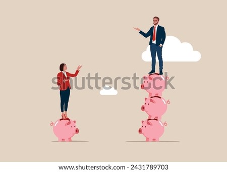 Businessman standing on much more piggy bank pink pig, woman on one piggy bank pig. Gender gap. Flat vector illustration