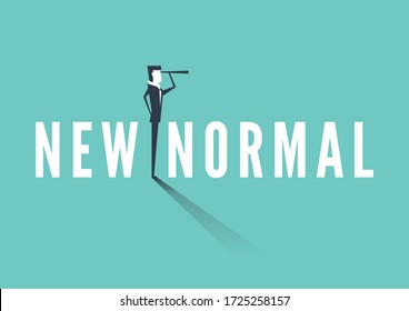 Businessman standing on a New Normal text and carrying binoculars. Business vision new normal concept.