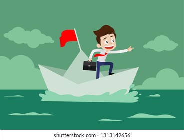 Businessman standing on origami white boat and searching for success, Cartoon vector illustration