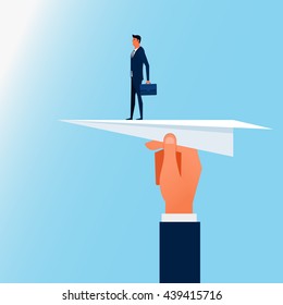 Businessman standing on paper airplane with big hand support. support and help concept. Cartoon Vector Illustration. 