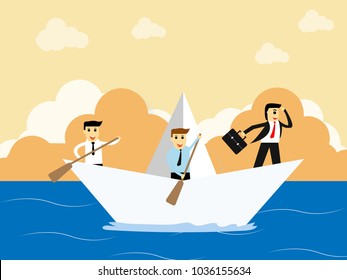 businessman standing on paper boat with team and looking at the ocean,business concept, Employees are boating