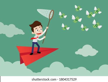 Businessman is standing on paper plane floating in the sky and trying to catch the flying money, Cartoon vector illustration