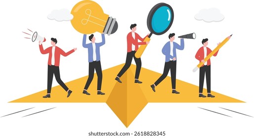 Businessman standing on paper plane flying

