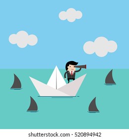 Businessman Standing On paper ship In The Sea And Surrounded By Sharks. Business Concept  Illustration. Risk, Crisis.cartoon vector illustration for business design