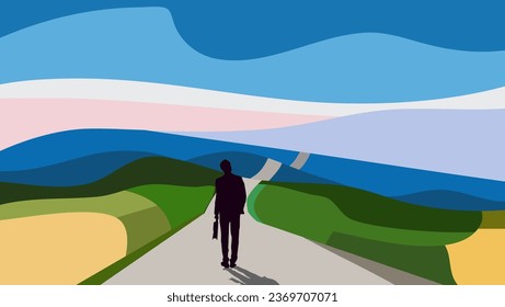 businessman standing on the path looking at scenic landscape, career success, new job, leadership, career path to success.