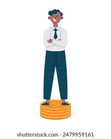 businessman standing on pile of coins isolated