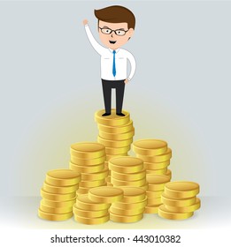 Businessman standing on a pile of gold coins, Business Concept