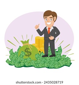 Businessman standing on a pile of money. Flat, Poster, Vector, Illustration, Cartoon, EPS10.   