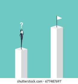 Businessman standing on pillar and looking to target on higher pillar, business vision concept cartoon vector illustration