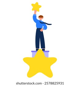 businessman standing on a podium holding a golden star, success and achievement concept, career growth, reaching goals, flat vector illustration.
