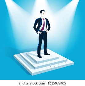 Businessman standing on podium vector illustration, success and career progress concept, leadership competition ambitions, gorgeous handsome business man.