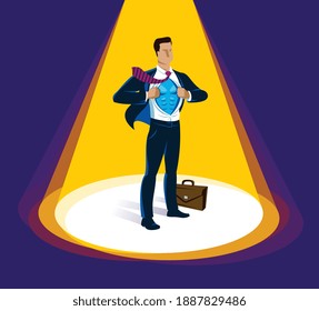 Businessman standing on podium vector illustration, success and career progress concept, leadership competition ambitions, gorgeous handsome business man.